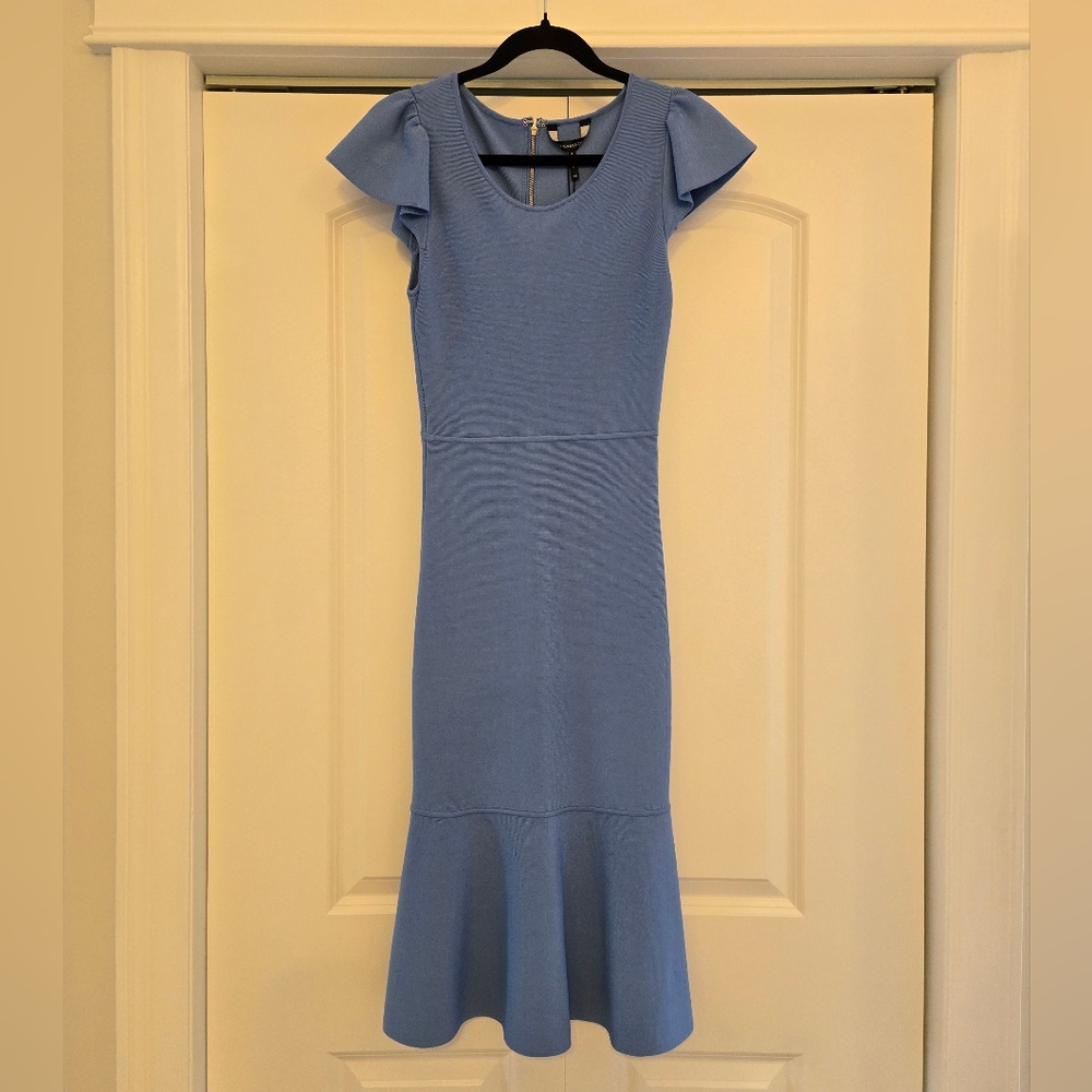 BCBGMaxAzria Blue Flutter Sleeve Midi Bodycon Dress